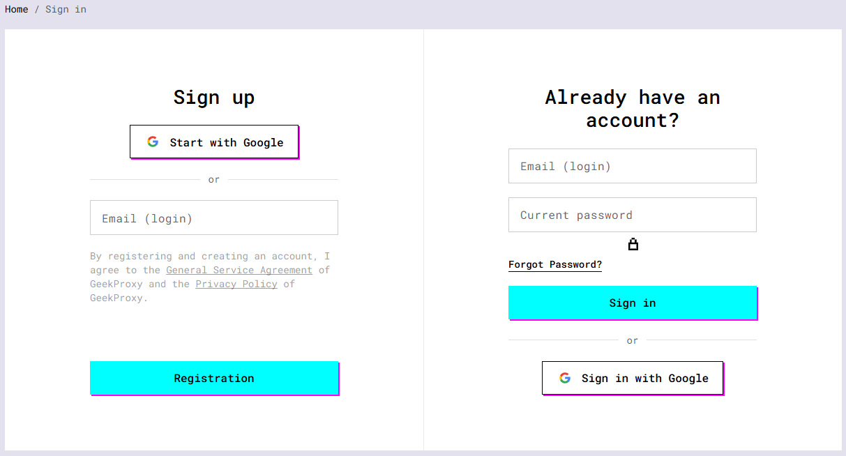 Registration page