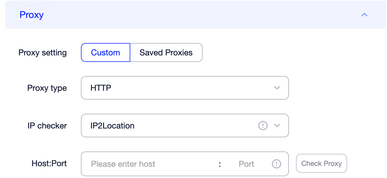 AdsPower new-profile Proxy tab with the Custom setting, the Proxy type selector set to HTTP, the IP checker and the Host:Port fields