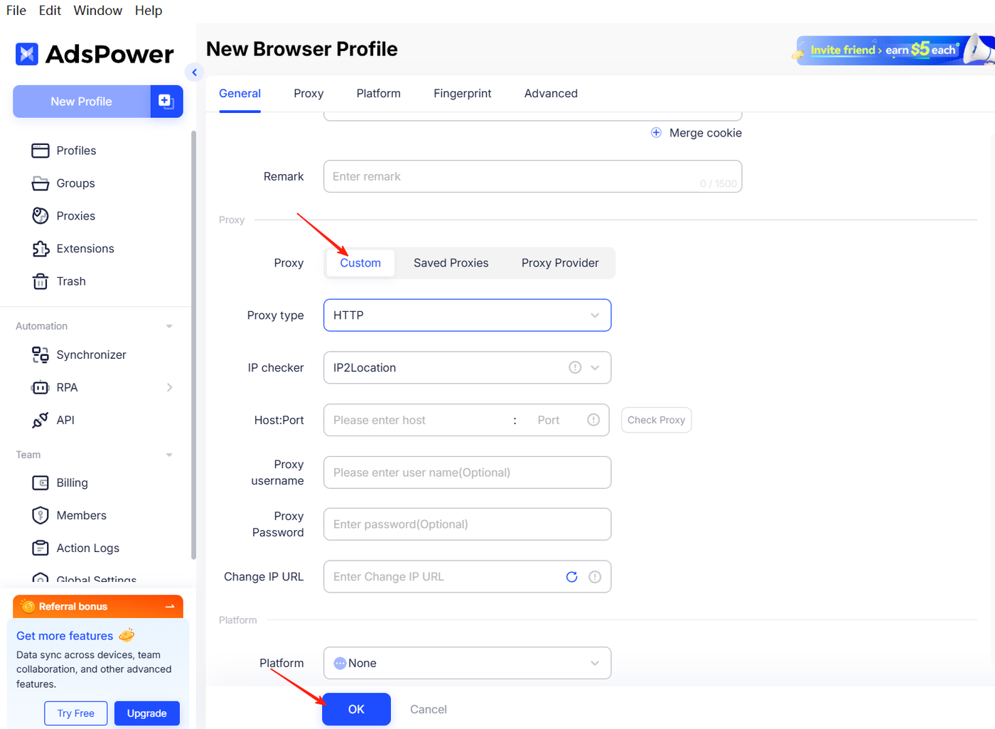 AdsPower New Browser Profile dialog, Proxy tab with host, port, username and password filled in and the Check Proxy and OK buttons highlighted
