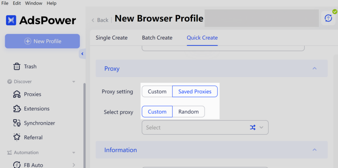 AdsPower profile editor with the Proxy block switched to Saved Proxies and the saved proxy dropdown ready to pick from.