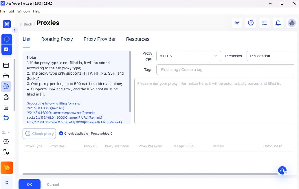 AdsPower Add Proxy form with the list of accepted formats on the left and the paste box for proxies on the right.