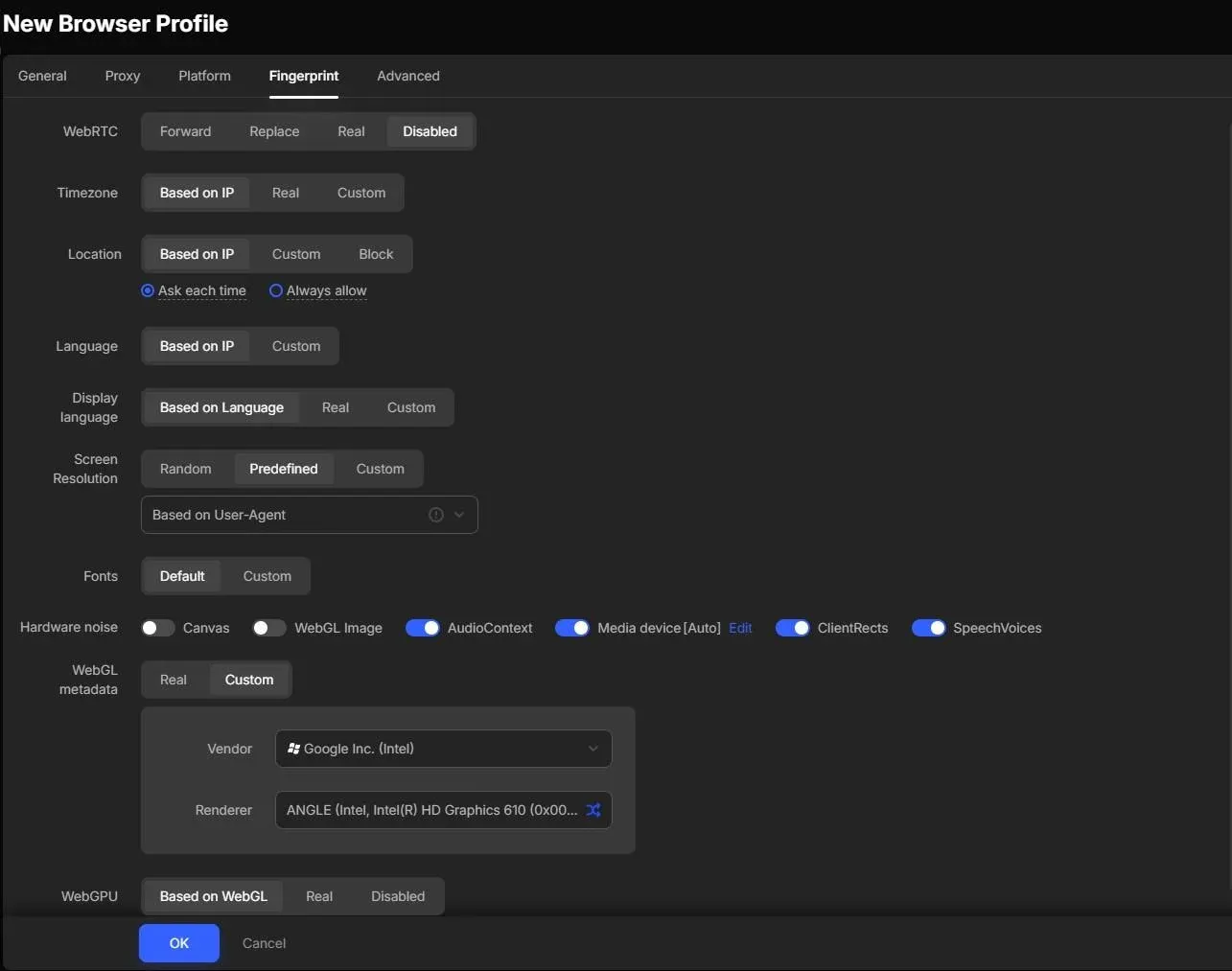 AdsPower Fingerprint tab where Timezone, Location and Language are set to Based on IP and WebRTC has the Replace option.