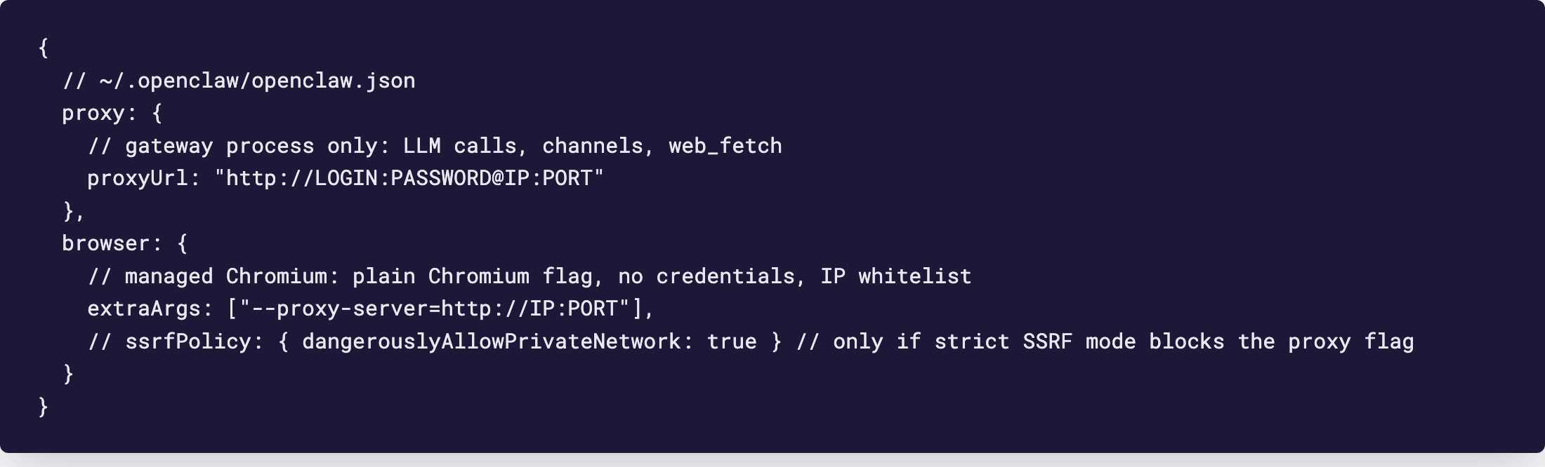 Editor: openclaw.json with proxy.proxyUrl for the gateway and browser.extraArgs with the Chromium proxy-server flag