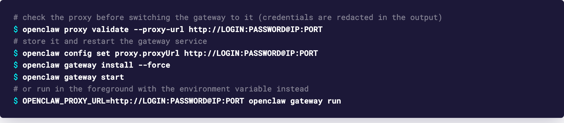 Terminal: openclaw proxy validate with the proxy URL, then config set proxy.proxyUrl and the gateway restart commands