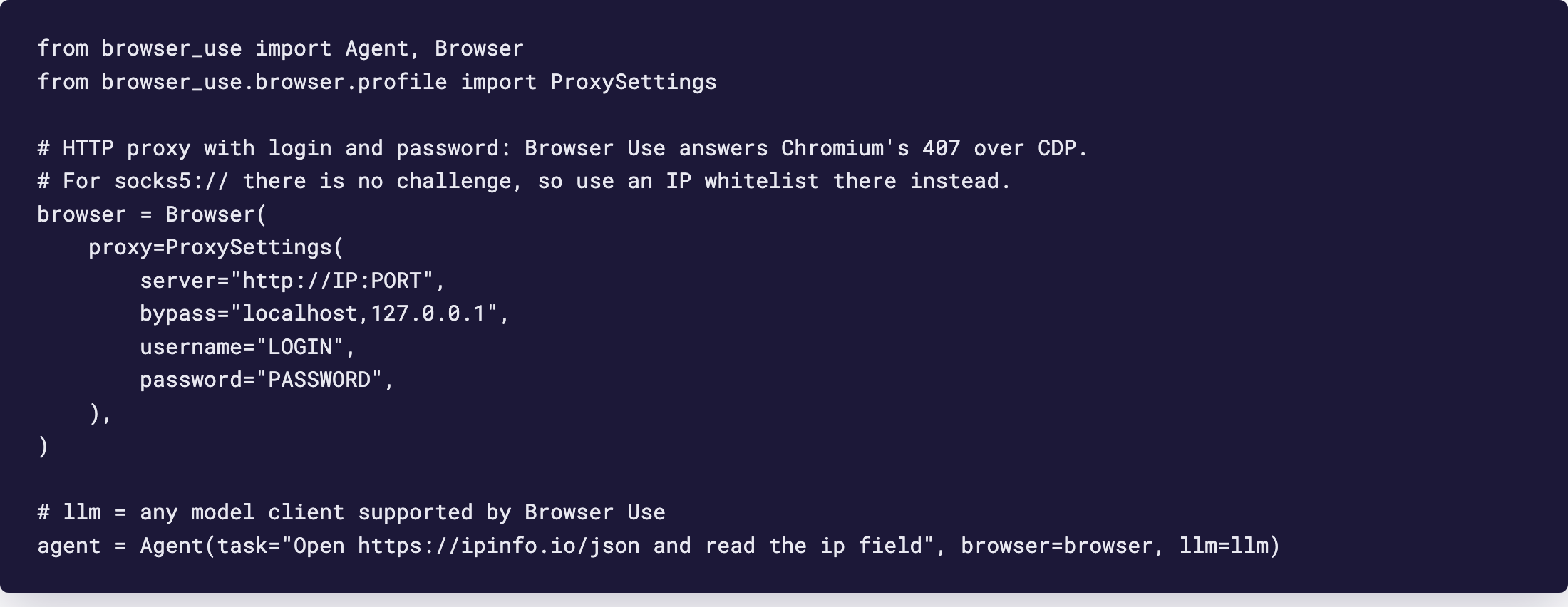 Editor: Browser Use script with ProxySettings server, bypass, username and password and an Agent task reading ipinfo.io