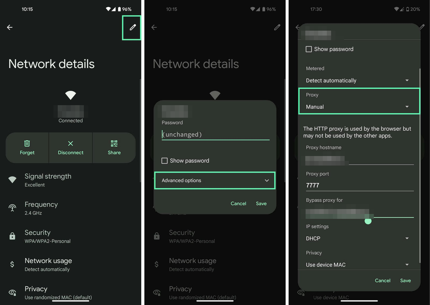 Android Wi-Fi network edit dialog with Proxy set to Manual and the proxy hostname, port and bypass fields visible, plus the two screens that lead to it.