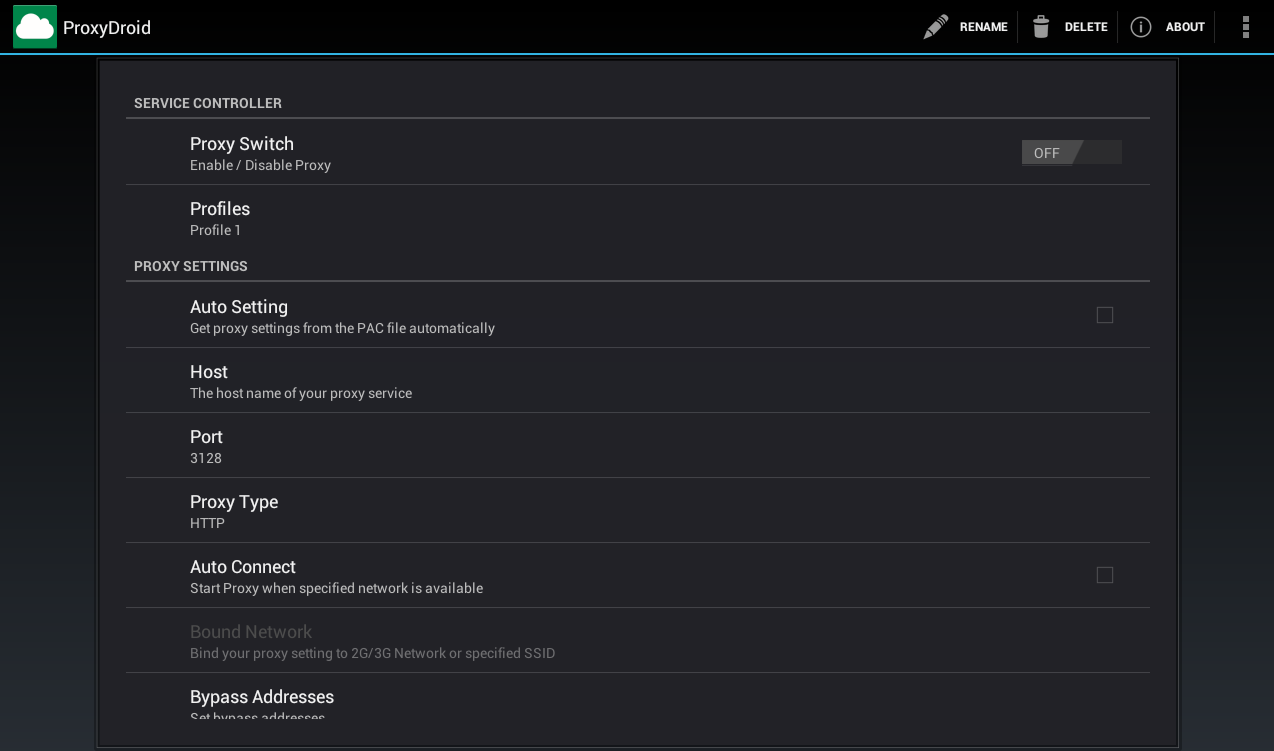 ProxyDroid main screen with the proxy switch, host, port and proxy type settings.