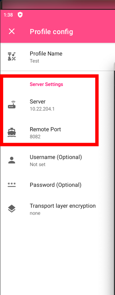 NekoBox profile config screen with the server address, remote port, username and password fields of a manually added proxy.