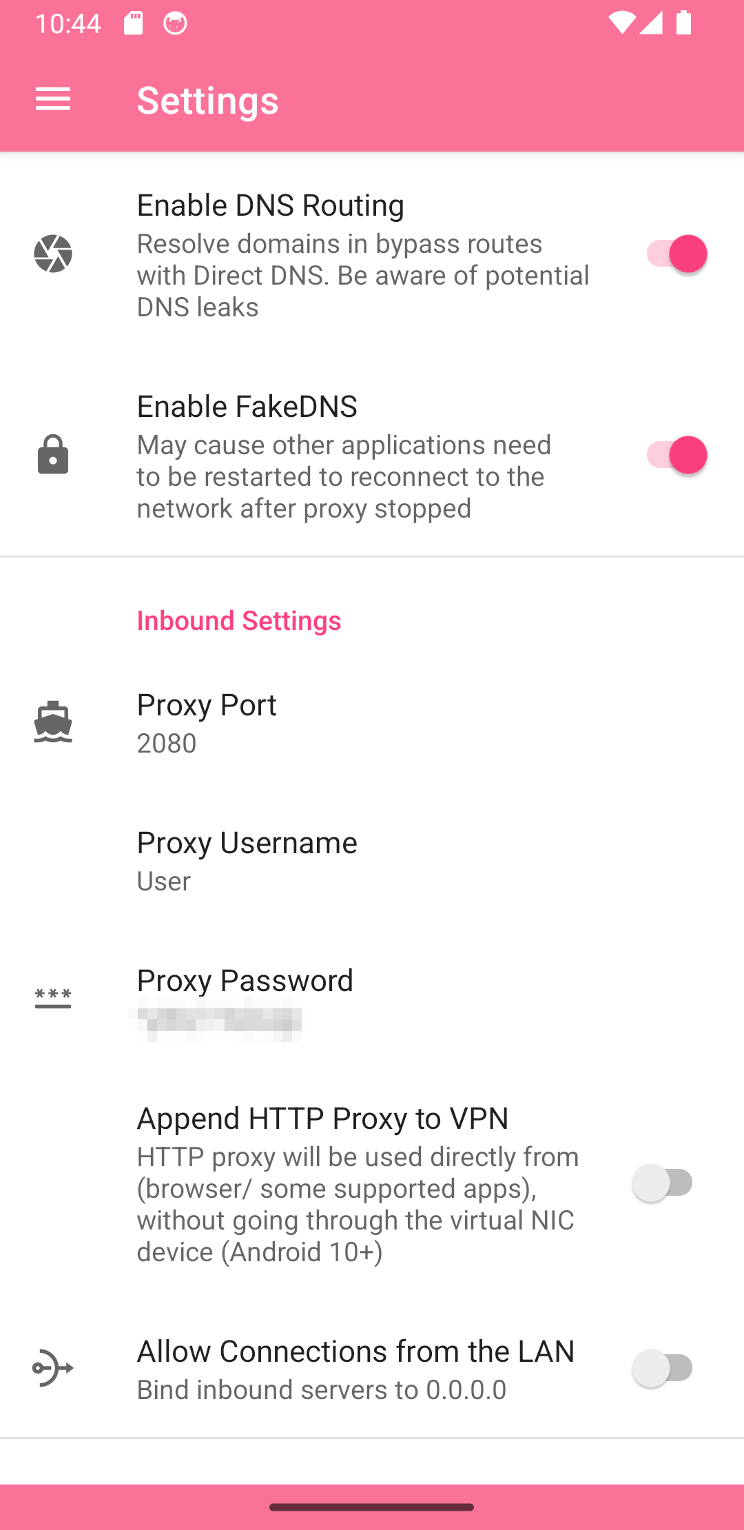 NekoBox settings screen showing the Enable DNS Routing and FakeDNS switches above the inbound proxy port settings.