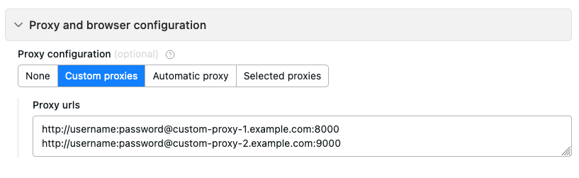 Настройка прокси в Apify, выбран режим Custom proxies, в поле Proxy urls две ссылки на прокси.