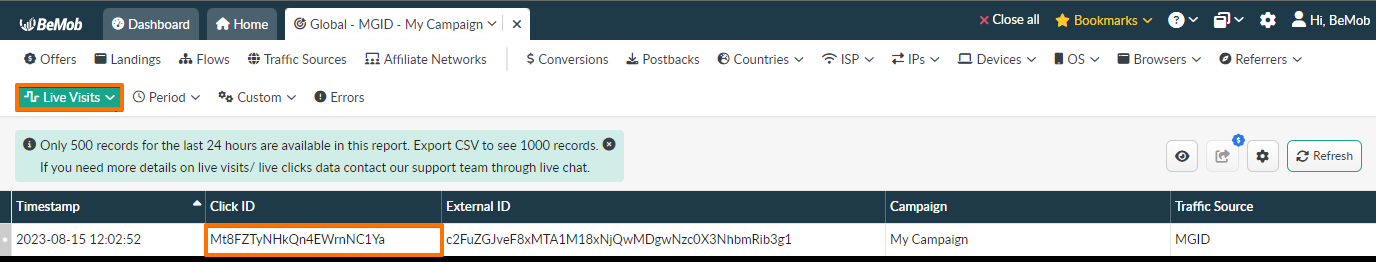 BeMob campaign report on the Live Visits tab listing a fresh test visit with its timestamp, click ID, campaign and traffic source.
