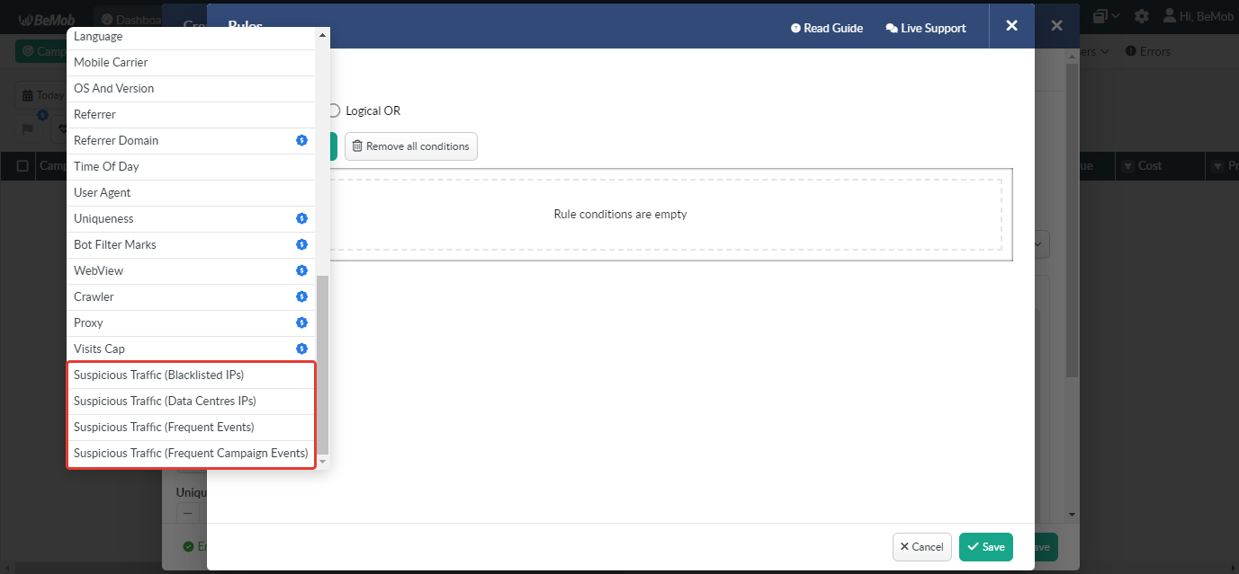 BeMob rule editor with the condition drop-down open, listing Bot Filter Marks, WebView, Crawler, Proxy and Suspicious Traffic among the conditions
