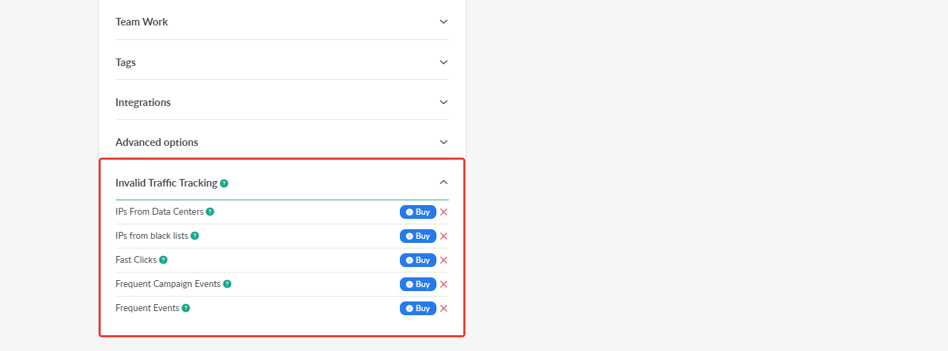 BeMob Subscription page, Features tab: the Invalid Traffic Tracking metrics with a Buy button next to each one