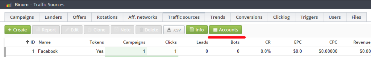 Binom v1 Traffic Sources tab with the Accounts button highlighted, the entry point to the Proxies list