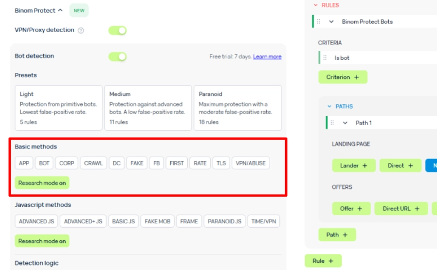 Binom Protect block in Binom v2 campaign settings with the VPN/Proxy detection toggle, bot detection presets and the list of detection tags such as VPN/ABUSE and DC.