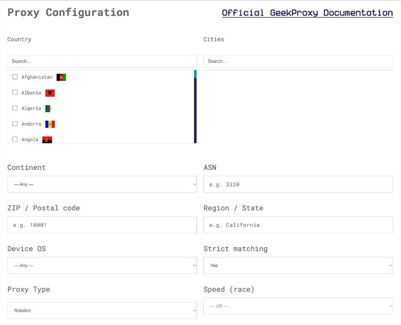 Residential Flex subscription, Proxy Configuration panel: continent, ASN, ZIP, region, device OS, proxy type and session TTL, with the ready curl line below