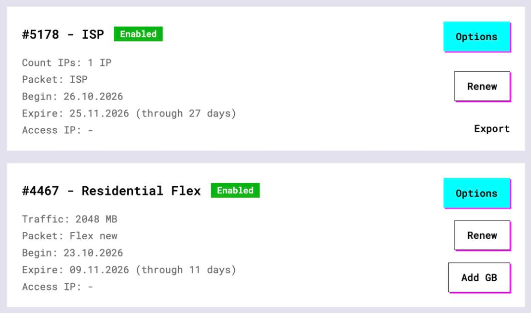 GeekProxy dashboard, Subscriptions page: ISP plans with the Export link, Residential Flex and Turbo plans with Options and Add GB