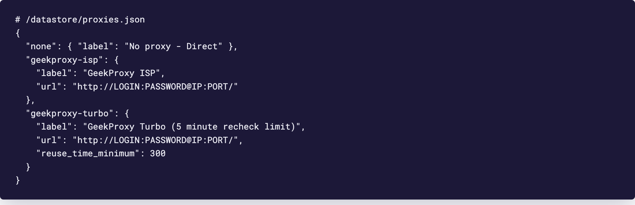 proxies.json для changedetection.io с записью без прокси и двумя записями GeekProxy