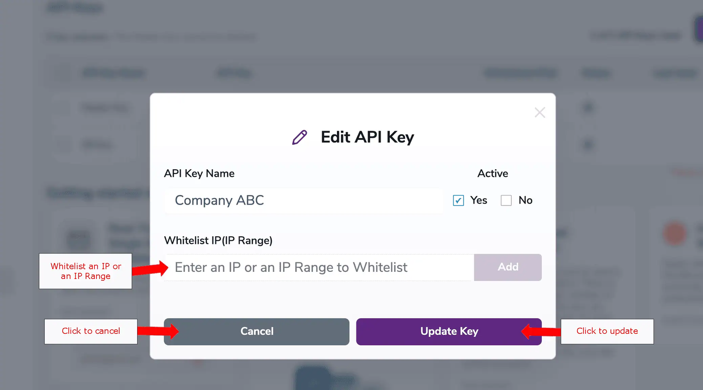 ZeroBounce Edit API Key modal with the key name, the Active switch and the Whitelist IP field with an Add button