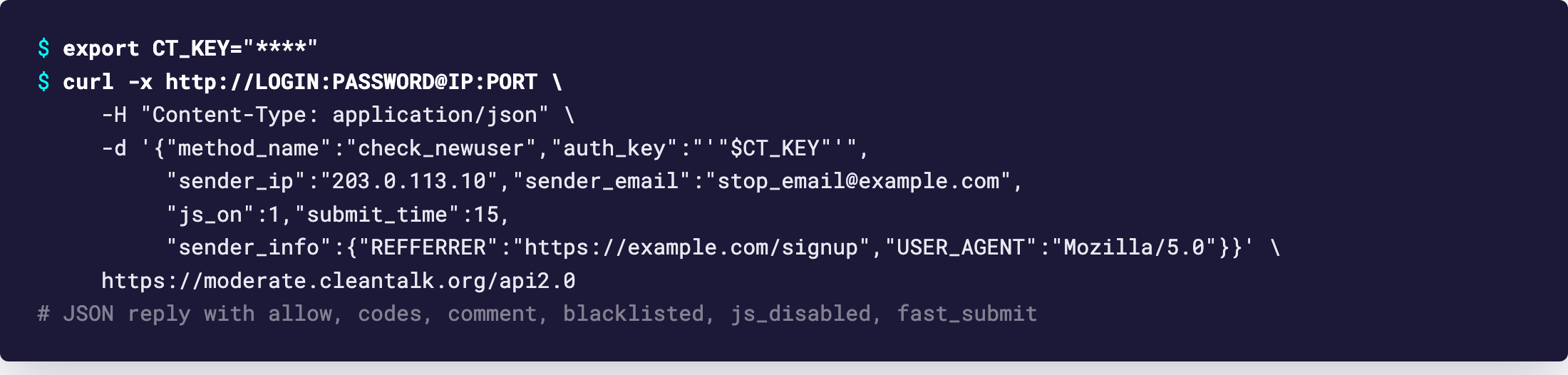 Terminal: POST to moderate.cleantalk.org through the proxy, the JSON reply shows allow and codes