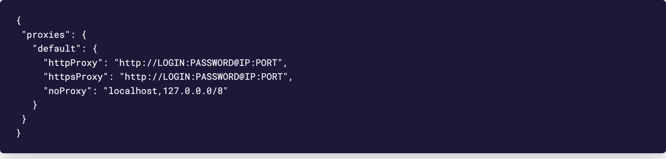 Редактор: ~/.docker/config.json с proxies.default, внутри httpProxy, httpsProxy и noProxy