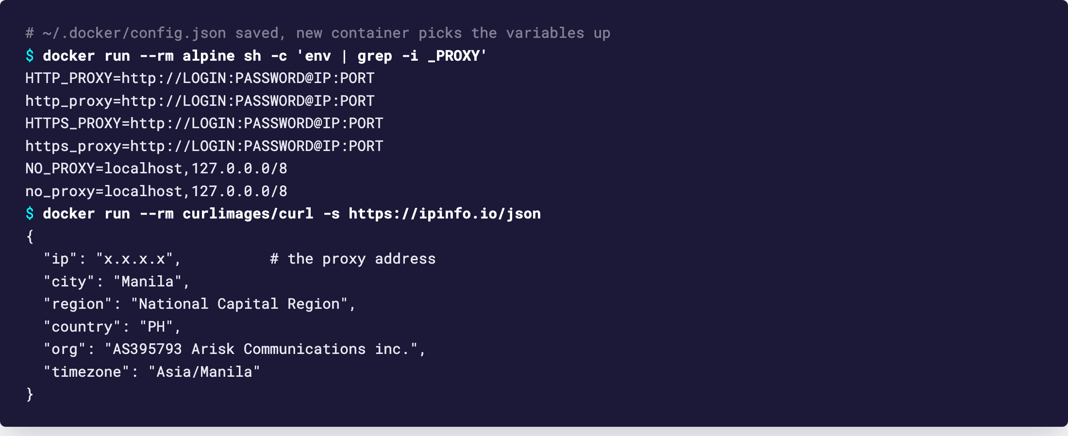 Терминал: docker run alpine с env grep показывает HTTP_PROXY, HTTPS_PROXY и NO_PROXY из config.json, затем curl через прокси