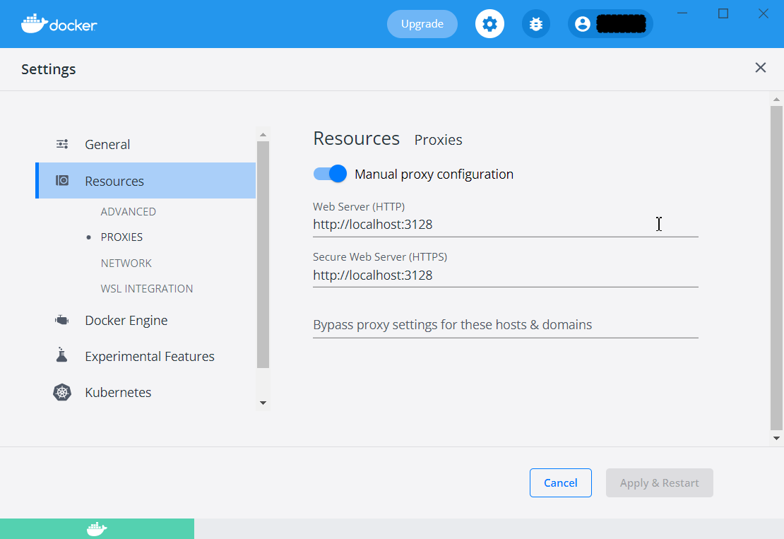 Настройки Docker Desktop, раздел Resources > Proxies: включена ручная настройка прокси, заполнены адреса HTTP и HTTPS прокси.