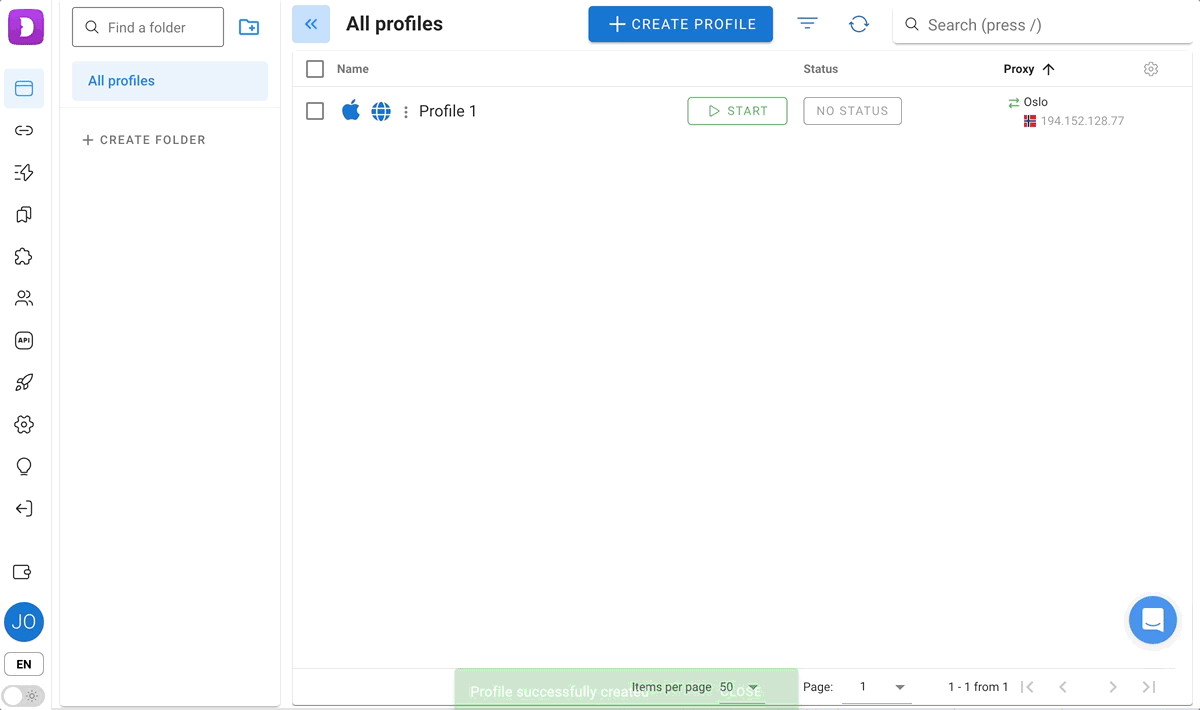 Диалог профиля Dolphin{anty} с выбранной вкладкой New proxy и строкой прокси, вставленной в поле