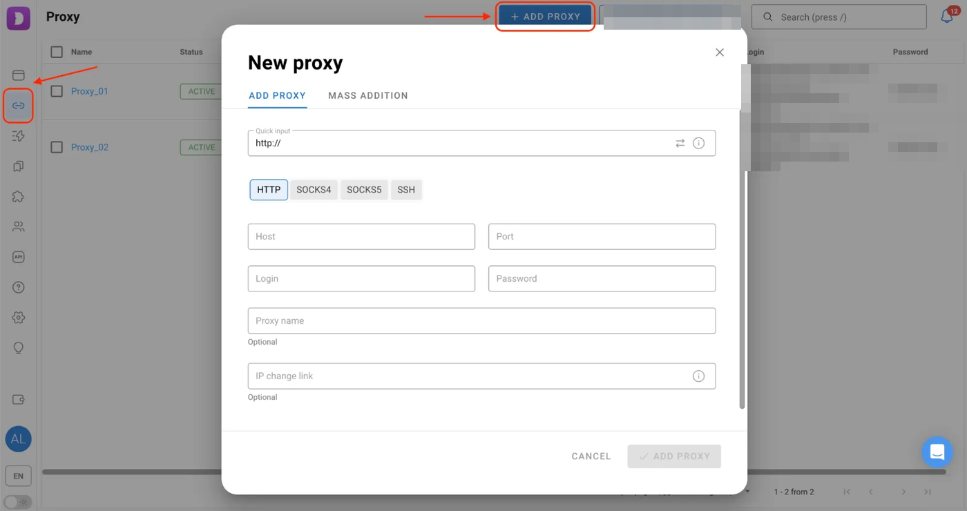 Страница Proxy в Dolphin{anty}: кнопка Add proxy, две сохранённые строки прокси и открытое окно New proxy.
