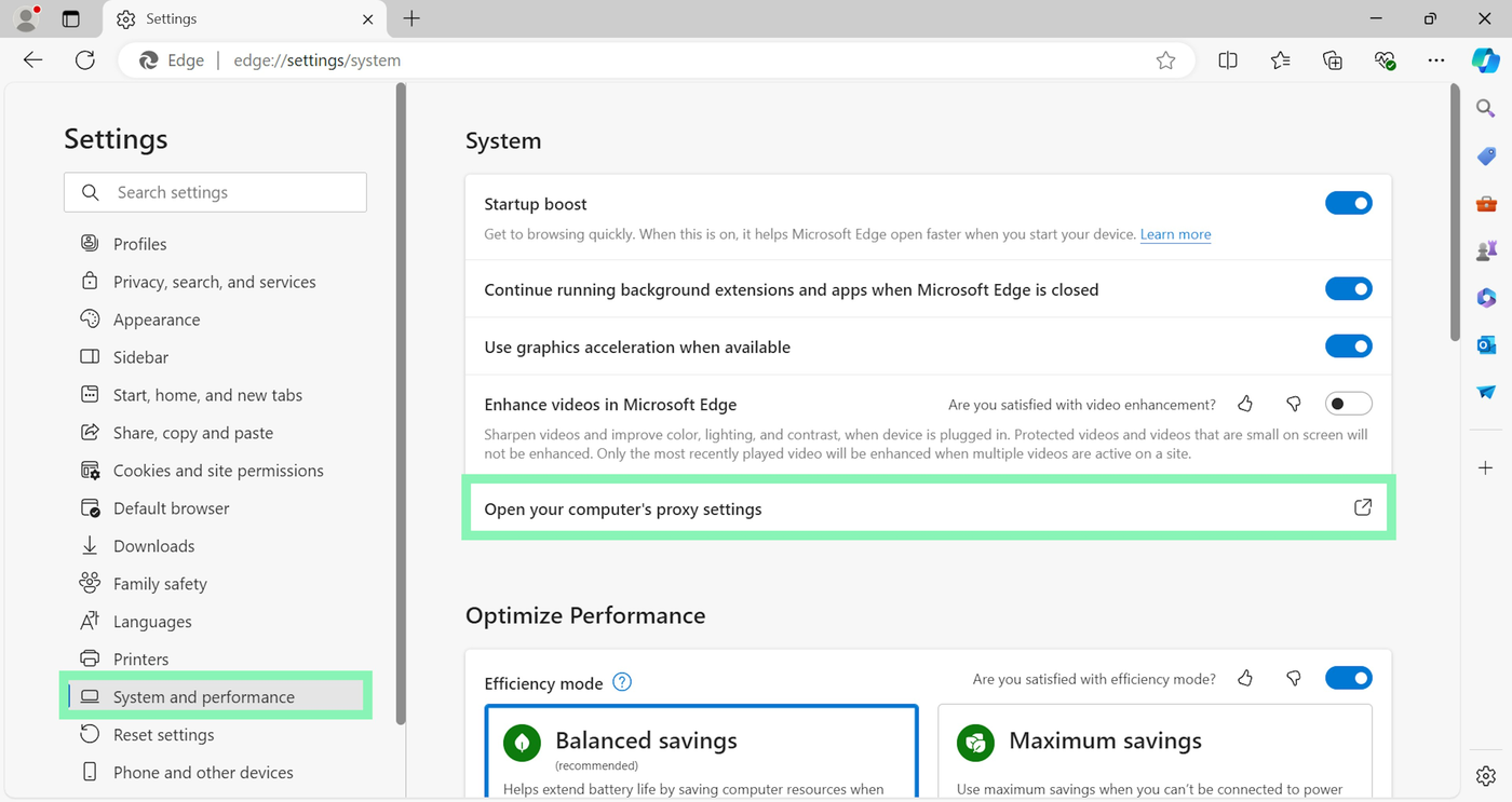Страница настроек Edge с разделом System and performance и выделенной строкой Open your computer's proxy settings.