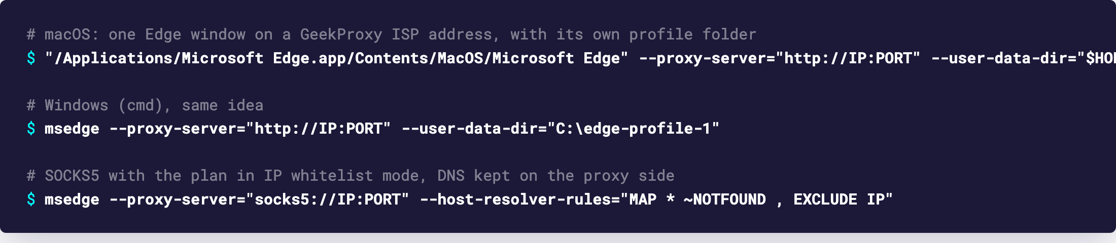 Терминал с командой запуска Edge, которая задаёт прокси GeekProxy и отдельную папку профиля
