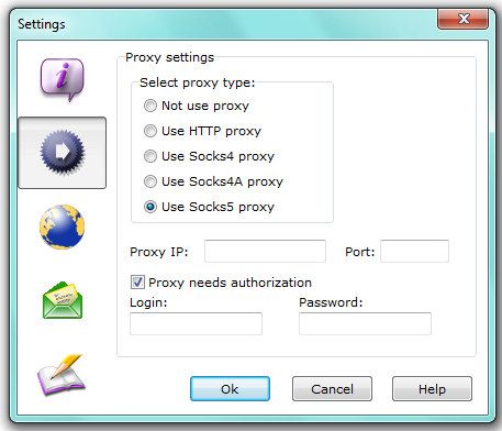 Atomic Mail Verifier Proxy settings tab with the proxy type radio buttons, IP and port fields, the authorization checkbox and login and password fields