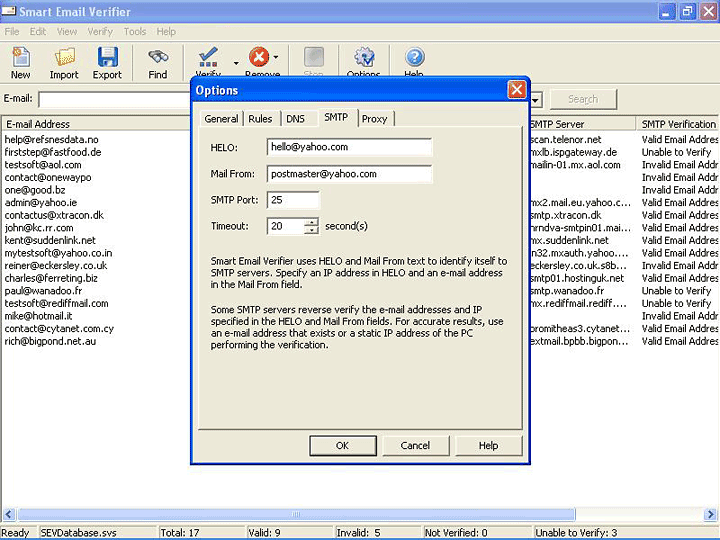 Smart Email Verifier Options dialog opened from the Tools menu, with the General, Rules, DNS, SMTP and Proxy tabs; the SMTP tab is active.