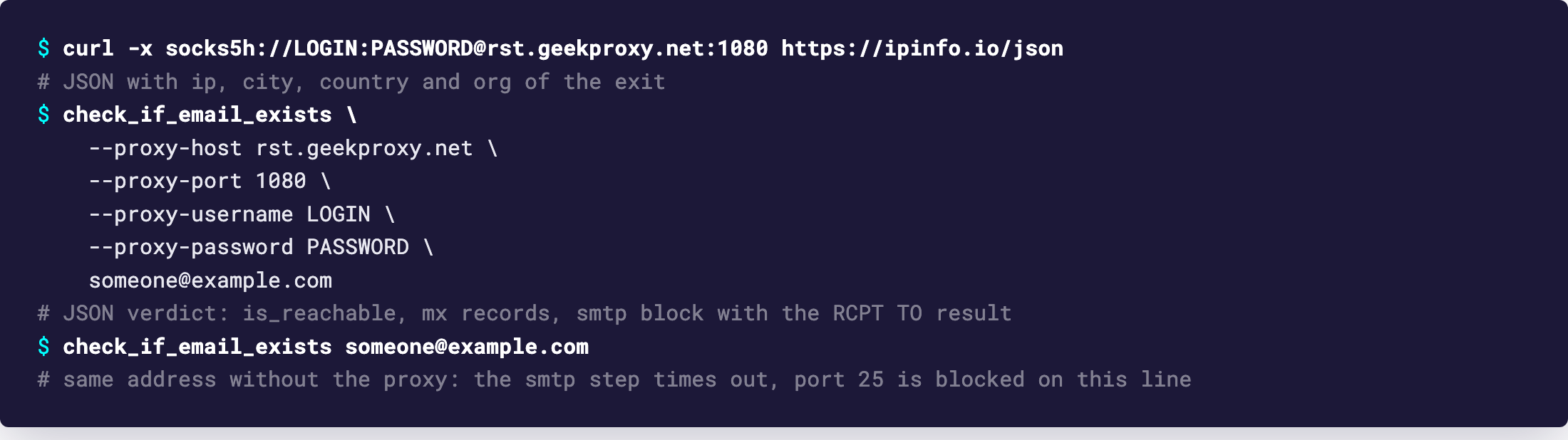 Terminal: check_if_email_exists with the proxy flags returning a JSON verdict, and the same command without a proxy timing out on port 25
