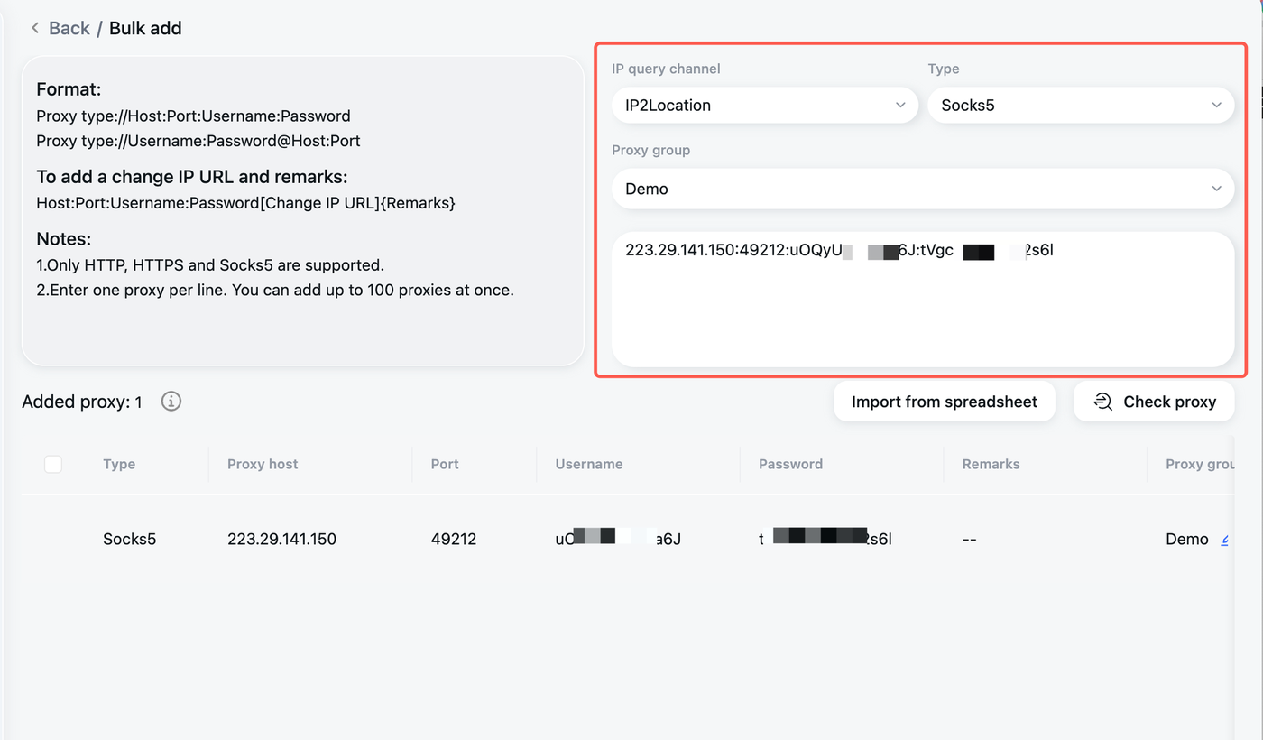 GeeLark Add proxy form with the proxy type, IP query channel and group selected, one proxy line entered and parsed into host, port, username and password, and the Check proxy button.