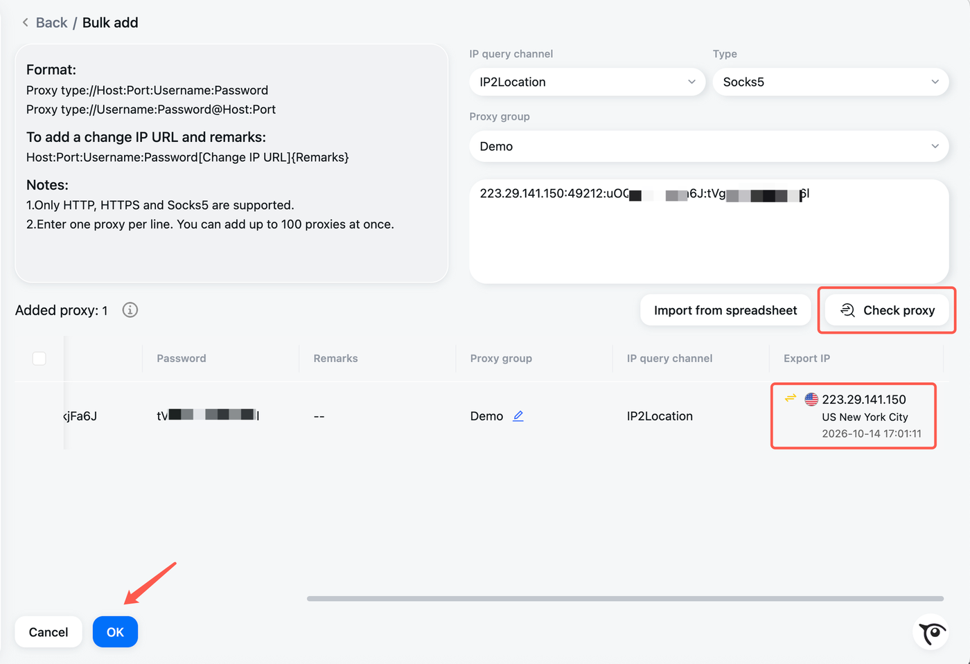 GeeLark Add proxy form after a successful check, the Export IP column showing the exit IP, country and city, with the OK button ready to save.