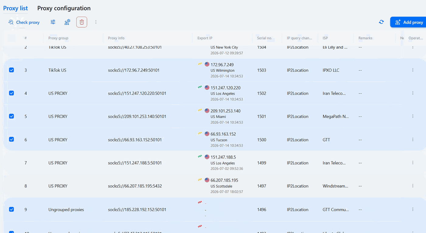 GeeLark proxy list after a bulk Check proxy run, each selected row showing its exit IP, city and check time in the Export IP column.