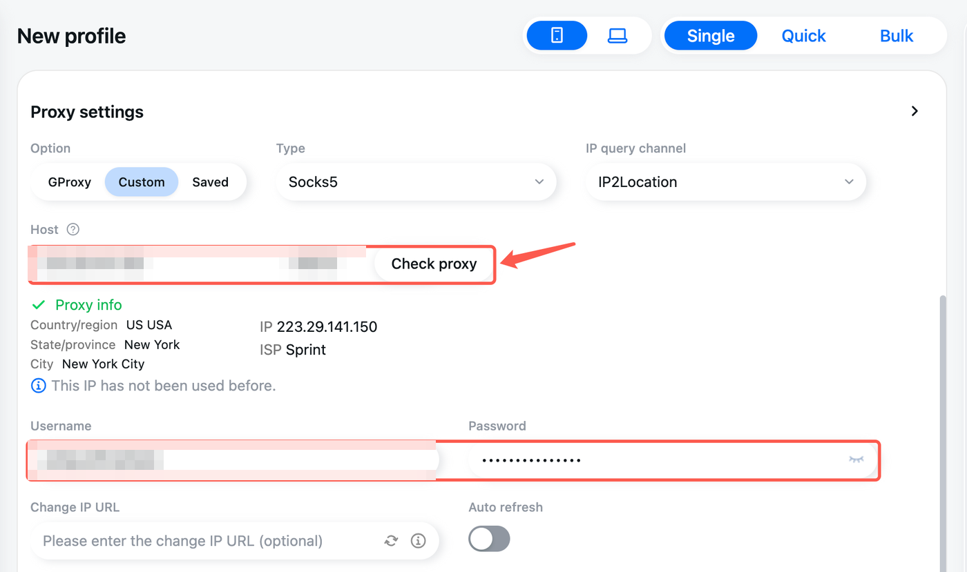GeeLark New profile form, Proxy settings section with Custom selected, host and port entered, the Check proxy button and the green Proxy info result with country, city, IP and ISP.
