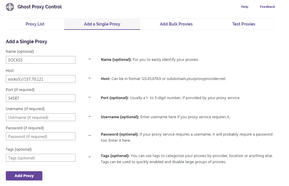 Ghost Proxy Control Add a Single Proxy form with name, host, port, username, password and tags fields and the Add Proxy button.