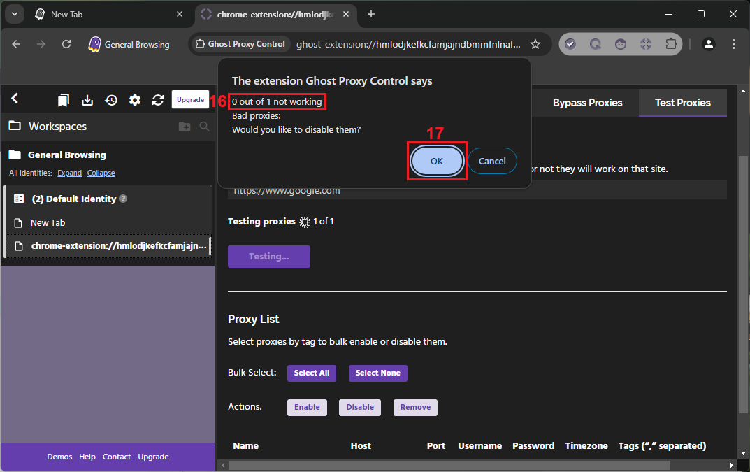 Ghost Proxy Control test result saying 0 out of 1 proxies are not working, with the proxy list below the test section.