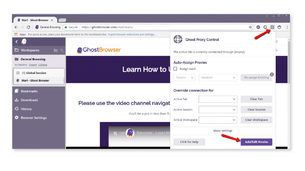 Ghost Proxy Control popup in Ghost Browser with the Override connection for section and Clear buttons for tab, session and workspace.