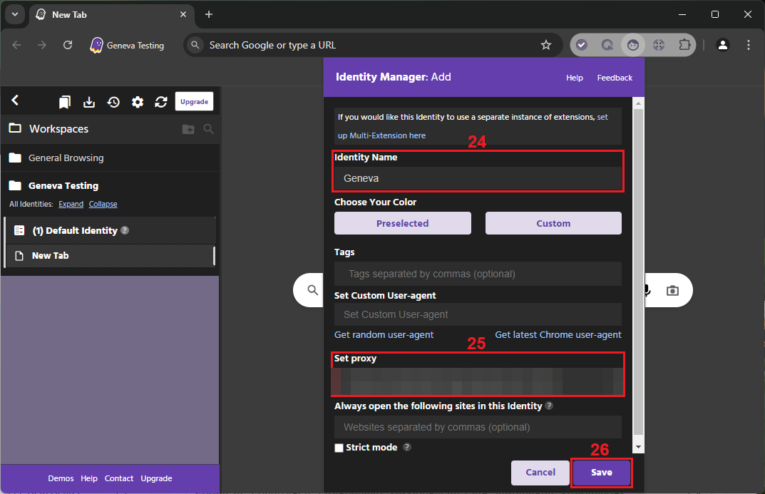 Ghost Browser Identity Manager Add dialog with the identity name, custom user agent field and the Set proxy dropdown with a proxy selected.