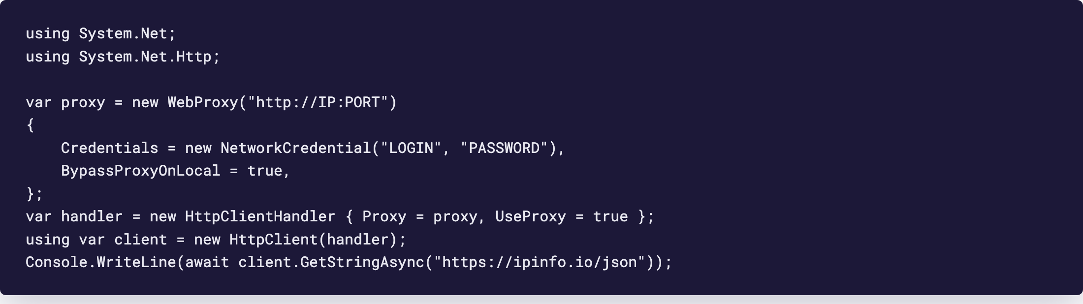 Редактор: программа на C# с WebProxy, NetworkCredential, HttpClientHandler и GET на ipinfo.io
