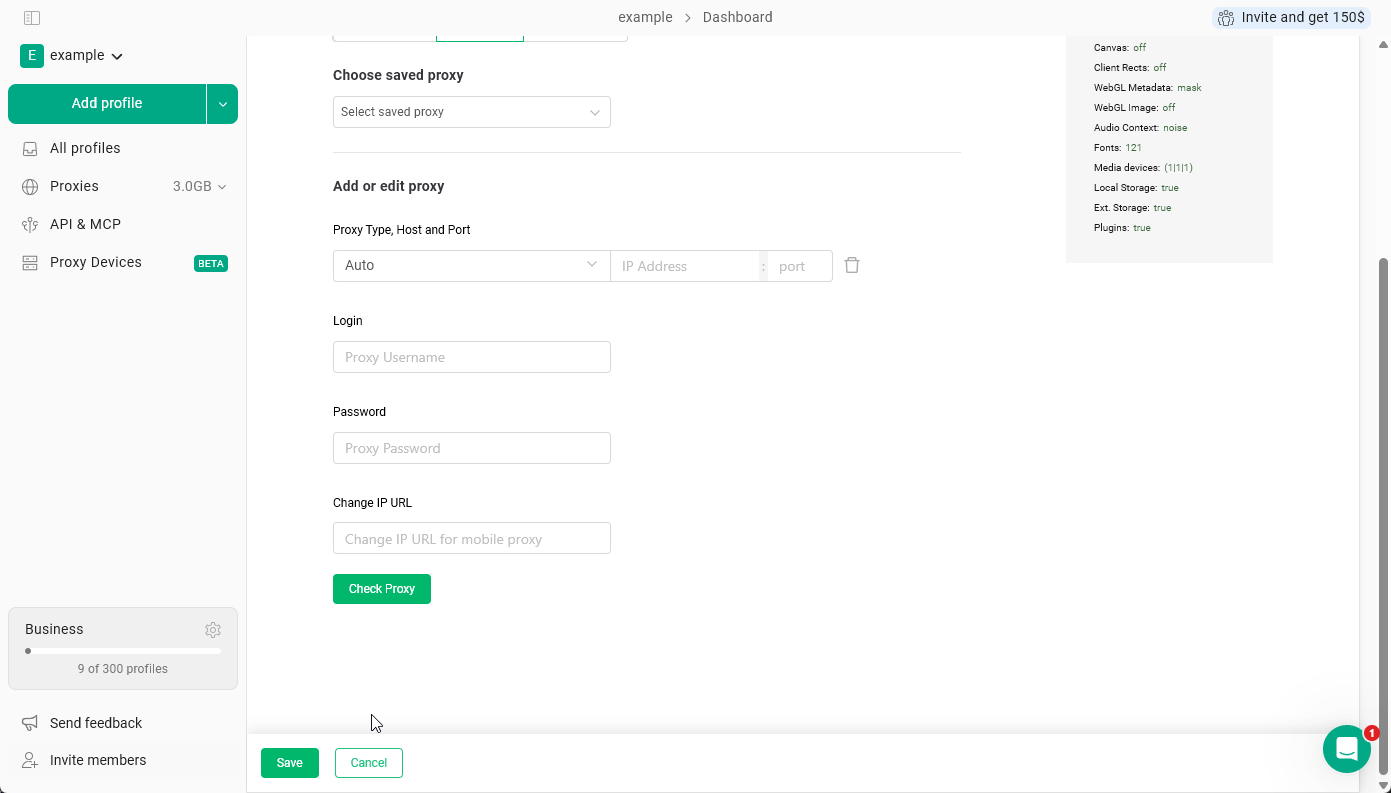 Настройки профиля GoLogin, вкладка Proxy с выбранным вариантом Your proxy и полями прокси