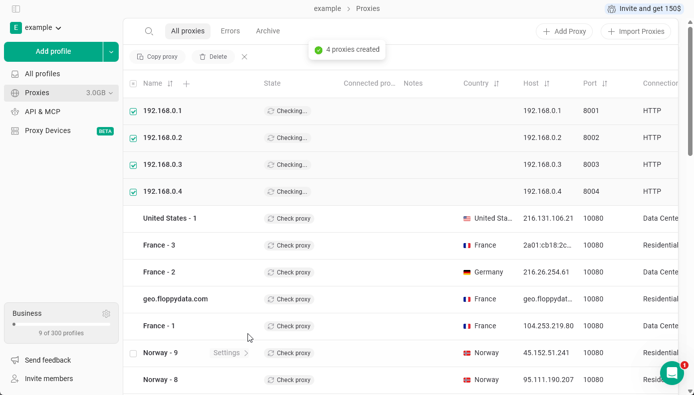 Страница Proxies в GoLogin с текстовым полем Import proxies, в которое вставлено несколько строк
