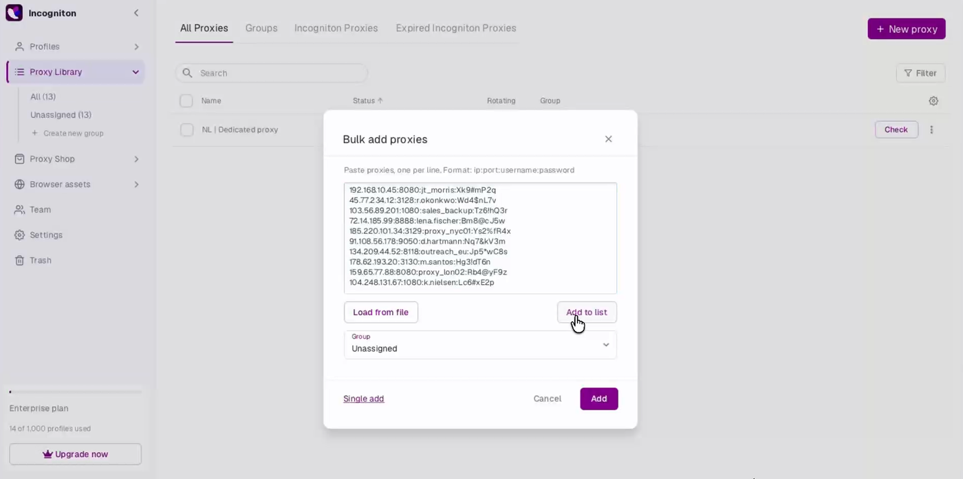 Incogniton Bulk add proxies dialog with a list of proxies pasted one per line in ip:port:username:password format.