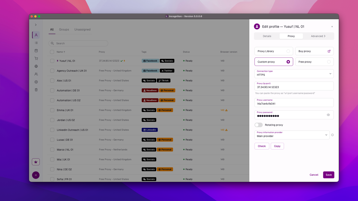 Incogniton profile editor Proxy tab with the choice between Proxy Library and Custom proxy and the custom proxy fields filled in.