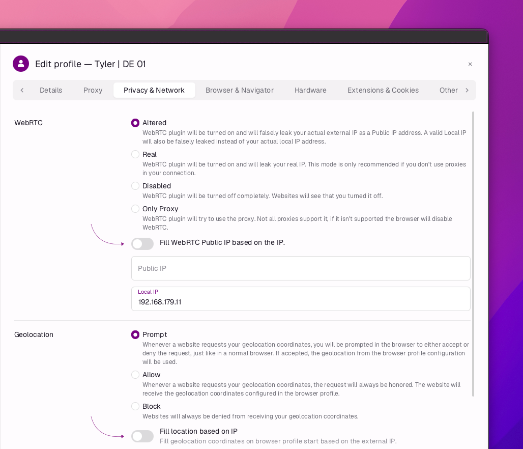 Incogniton profile editor Privacy and Network tab with the Fill location based on IP toggle and the WebRTC options