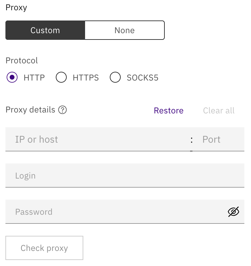 Indigo X profile settings Proxy section with Custom selected, the HTTP / HTTPS / SOCKS5 protocol choice and the host, port, login and password fields