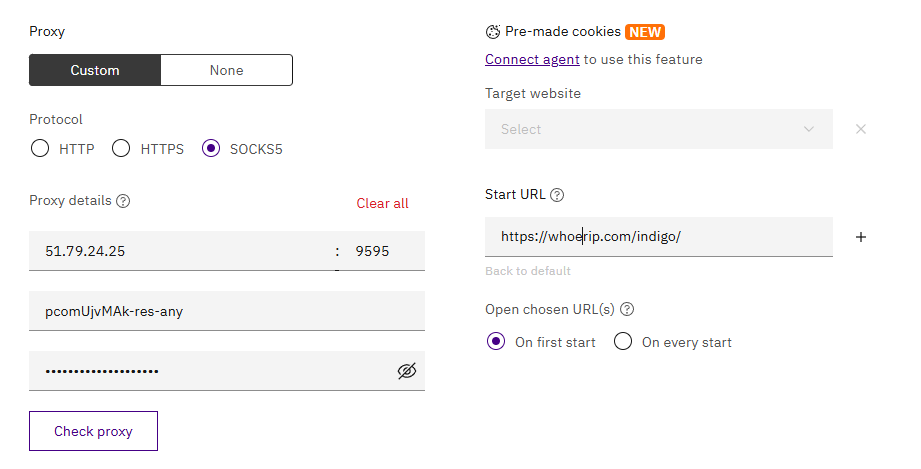 Indigo Browser profile editor with the Proxy section filled in: SOCKS5 protocol, host, port, login and password, Check proxy below.